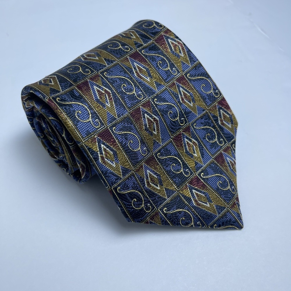 Robert Talbott Best of Class Silk Necktie Designer Geometric Blue Gold Gray EUC